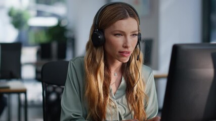 Support specialist talking headset working computer at helpdesk space closeup. - Powered by Adobe