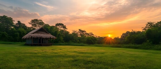 A picturesque sunset casts a warm glow over a charming hut nestled in the serene countryside creating a tranquil and calming atmosphere at dusk or dawn