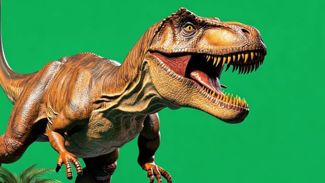 Tyrannosaurus Rex on the Prowl: A formidable Tyrannosaurus Rex, the apex predator of the prehistoric era, stands tall against a vibrant green backdrop, showcasing its raw power.