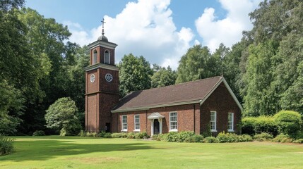 Naklejka premium A red brick church with a tall bell tower, surrounded by trees and a grassy lawn