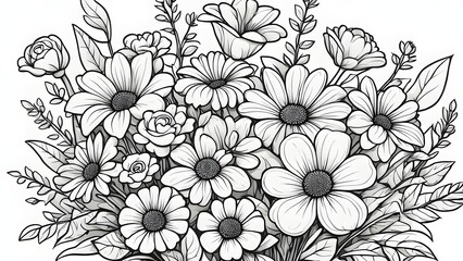 A detailed black white illustration a lush bouquet featuring various flowers leaves.