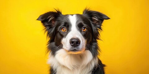 Fototapeta premium Intelligent Border Collie with bright eyes sitting on a plain yellow background