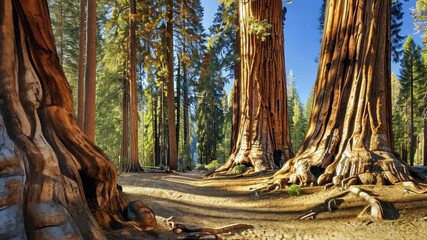Majestic sequoia trees tower over sunlit forest path, showcasing impressive trunks and lush greenery, inviting exploration of natures serene beauty.