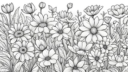 A detailed illustration showcases a variety monochrome flowers full bloom, creating a sophisticated elegant floral design.