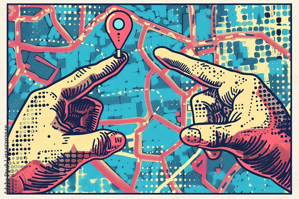 Fototapete trendy halftone collage of hands pointing at location pins on a map for navigation and travel routes