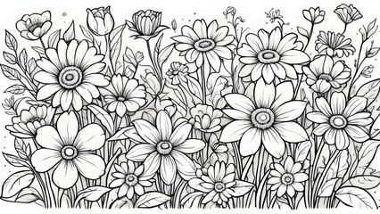 A detailed black white illustration various wildflowers full bloom, showcasing intricate linework botanical details.