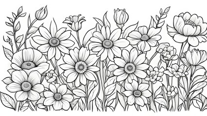 Fototapeta premium A detailed black white illustration showcasing a vibrant array wildflowers full bloom.