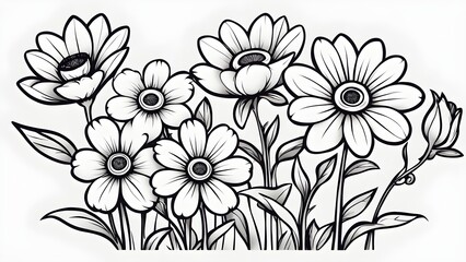 A stylish black white illustration featuring a cluster meticulously drawn flowers detailed petals leaves.