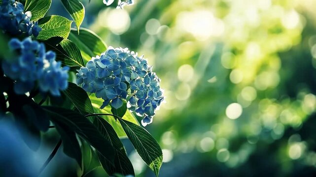 Blue hydrangea cluster, thriving in a shaded garden, with soft-focus green leaves and sunlight peeking through.