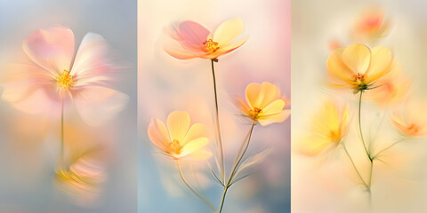 Obraz premium Delicate Floral Triptych Featuring Soft Pink And Yellow Flowers On A Light Backgrounds. Airy Bloom. Gentle Floral Design. Pastel Tones. Lush Flora. Whimsical Arrangement