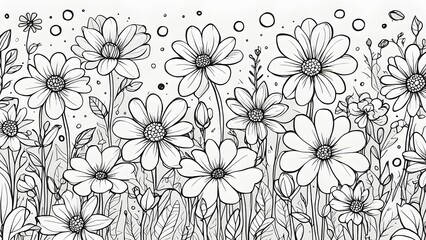 Fototapeta premium A captivating illustration showcasing a lush meadow filled intricately detailed black white flowers.