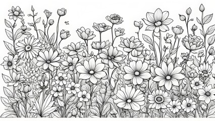 Fototapeta premium A detailed illustration a lush meadow filled various monochrome flowers, meticulously drawn a detailed line art style.