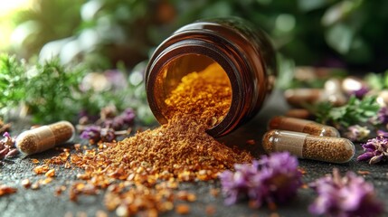 Capsule opened, revealing vibrant herbal powder amidst natural elements
