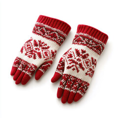 Red and white knitted gloves with festive pattern on white background