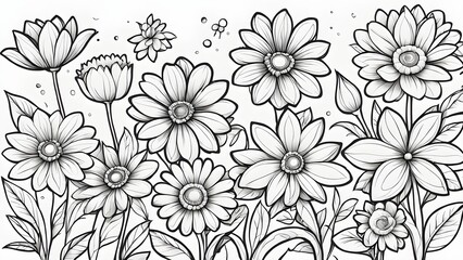 A detailed illustration showcasing a collection monochrome flowers, intricately drawn shading line work.