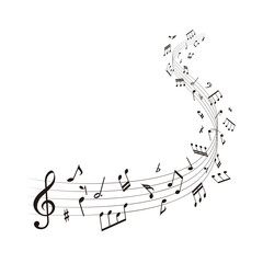 ウェーブ状の楽譜：五線譜の周りを舞う音符の背景ベクターイラスト