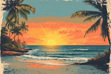 A beautiful tropical beach with a vivid sunset over the ocean