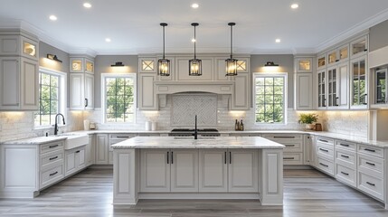 Spacious, light-filled kitchen with elegant, minimalist cabinets, and large island