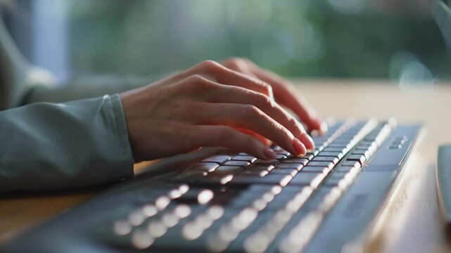 Businesswoman hands typing keyboard at office desk closeup. Unrecognizable woman