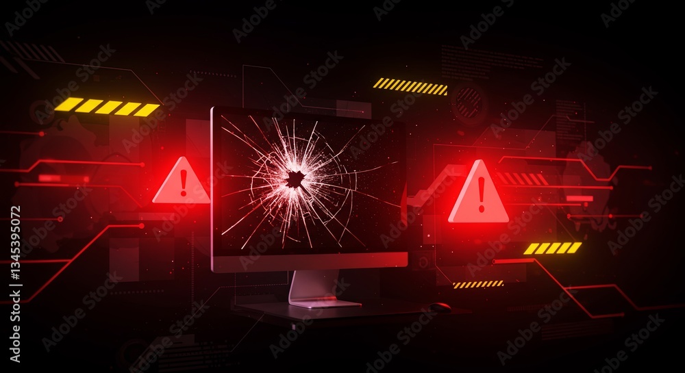 Poster A computer monitor with a shattered screen and two red and yellow warning signs