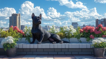 Naklejka premium Black dog sits on rooftop bench, city view