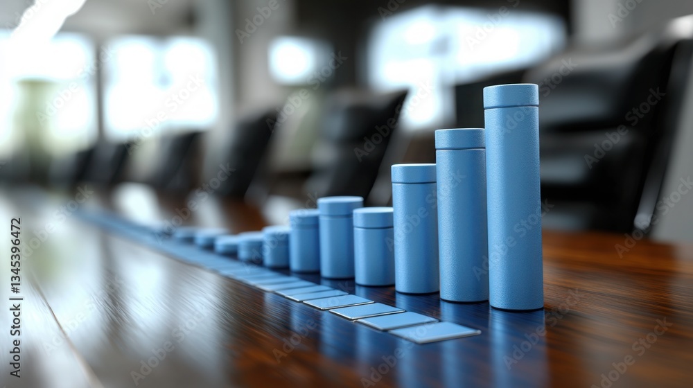 Poster table displaying a row of blue cylinders representing business forecasting techniques and data analy