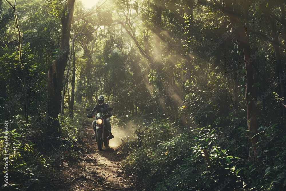 Poster Man rides motorcycle through serene forest trail with dappled sunlight filtering through the trees Generative AI