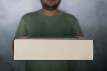 Hand holding a blank cardboard box for business delivery with a brown carton.
