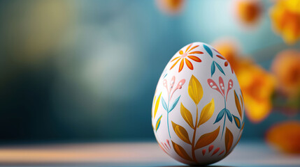 Fototapeta premium Intricate Painted Easter Egg With Floral Patterns Illuminated by Soft Light Against a Backdrop of Blooming Flowers