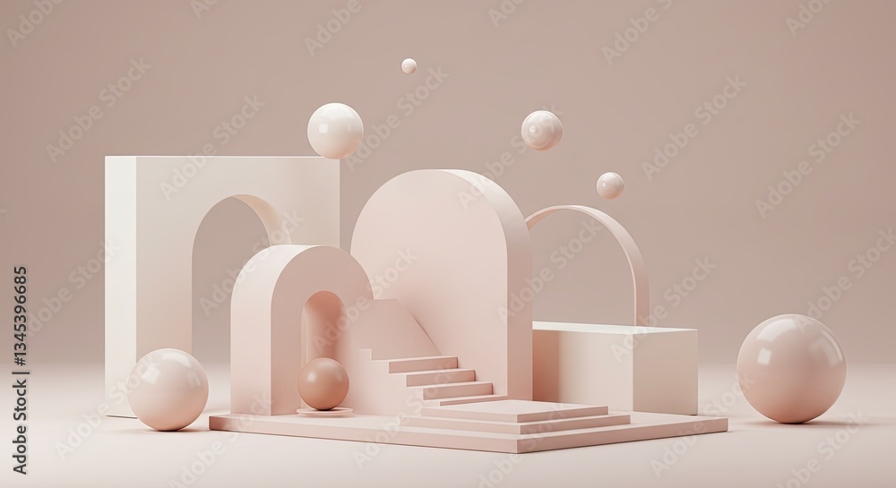 Poster the image is a 3d model of a pink room with a staircase and a ball