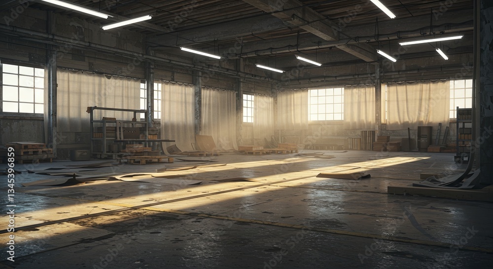 Poster a large, empty warehouse with a lot of light coming in from the windows