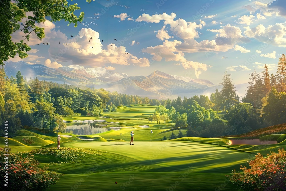 Poster golf players enjoying a sunny day on a beautiful course with mountains and trees in the background g