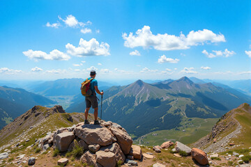 Hiker with backpack on rocky peak, overlooking vast mountain range under bright sky. Spring adventure, nature exploration, breathtaking views, symbolizing freedom and connection with wilderness.