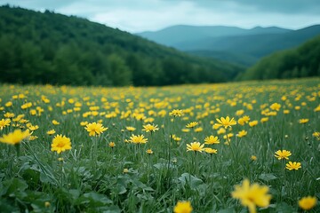A large field of yellow wildflowers growing with mountains behind them