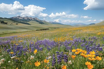 Obraz premium A beautiful landscape showing colorful wildflowers and distant mountains under a bright sky