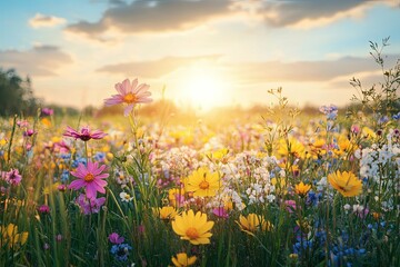 Obraz premium A Beautiful Field Of Colorful Wildflowers Under The Sunset Sky