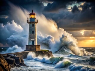Obraz premium Dramatic Stormy Seas Crashing Against Rugged Lighthouse