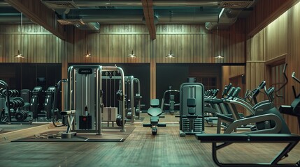 Modern gym interior featuring various fitness equipment in a well-lit wooden space for workout enthusiasts Generative AI