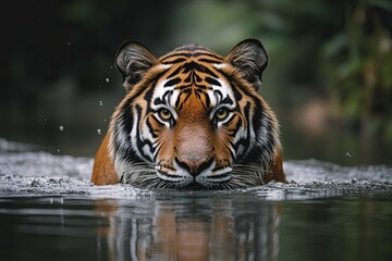 Naklejka premium A majestic tiger emerges from the cool water looking directly forward