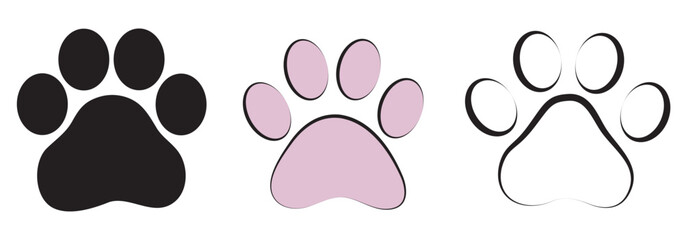 Fototapeta premium Cat or dog paw icon. Paw icon. Dog, cat paw icon. Zoo, vet logo element. Paw print vector symbol. Vector illustration. Tiger, Wolf, Cat, Dog ana pet footprint symbol.