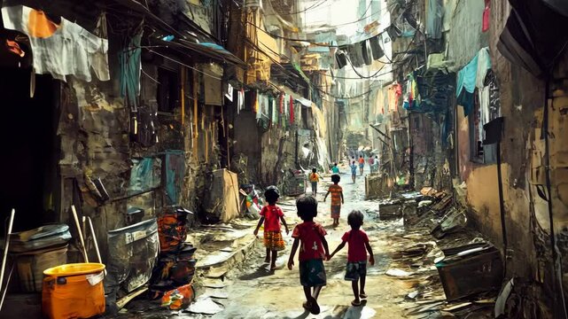 A group of children playing in a narrow alleyway, surrounded by dilapidated buildings, symbolizing hope amidst adversity.