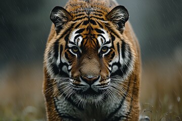 Fototapeta premium A close up portrait of a striking tiger in the rain