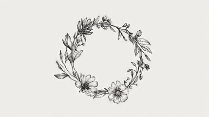 Hand-illustrated circular floral wreath featuring detailed botanical elements, graceful pen strokes showing natural flower forms, classic vintage engraving style, intertwined leaves and blooms with