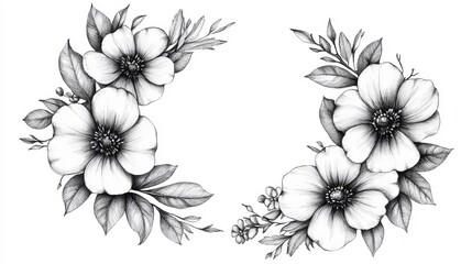 Romantic hand-drawn floral frame combining loose gestural flowers with precise botanical details, artisanal pen and ink style, natural asymmetric composition, delicate leaves and petals with subtle