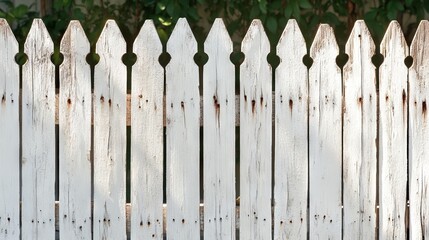 Classic white picket fence with perfectly spaced vertical slats, weathered wood texture showing subtle grain patterns, traditional American farmhouse style, crisp clean paint with slight aging