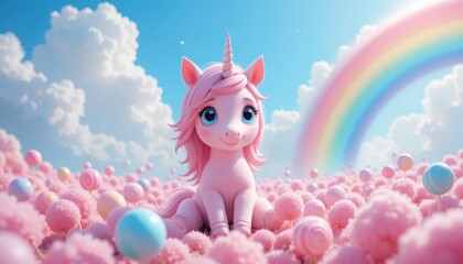 A cute pink unicorn sits in a candy field under fluffy clouds and a bright rainbow