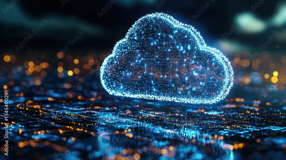 Poster cloud illustration with network of dots symbolizing interconnected cloud automation systems and digi