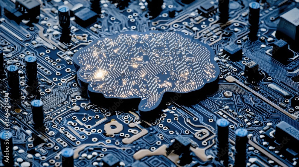 Poster computer chip featuring a brain design illustrating the intersection of technology and cognitive com