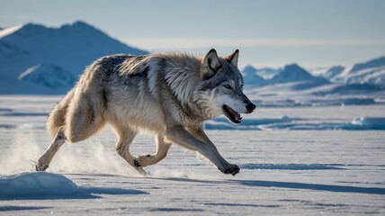 Obraz premium Greenland Wolf Running Swiftly Across an Icy Plain, Surrounded by Glaciers