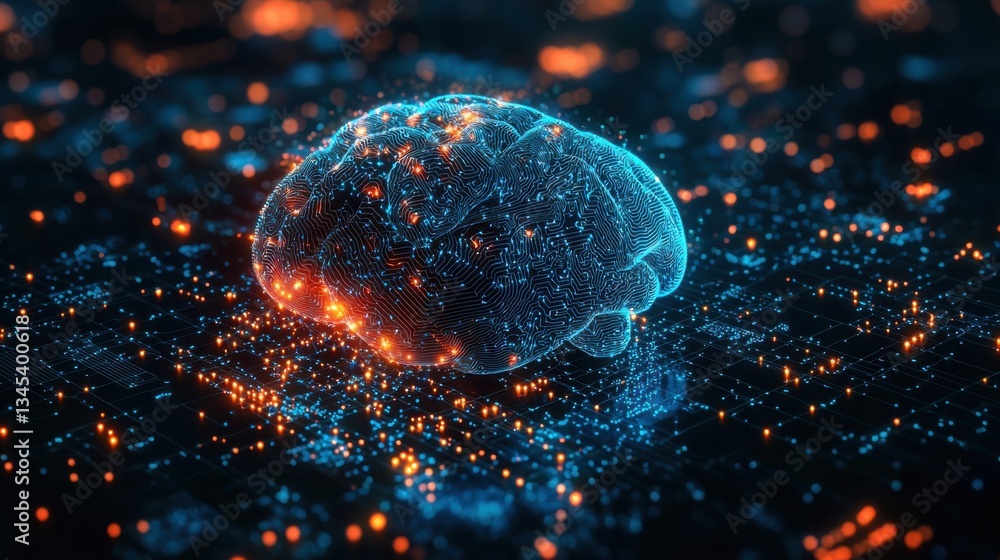 Poster brain with glowing dots representing the concept of cognitive iot solutions and intelligent connecti